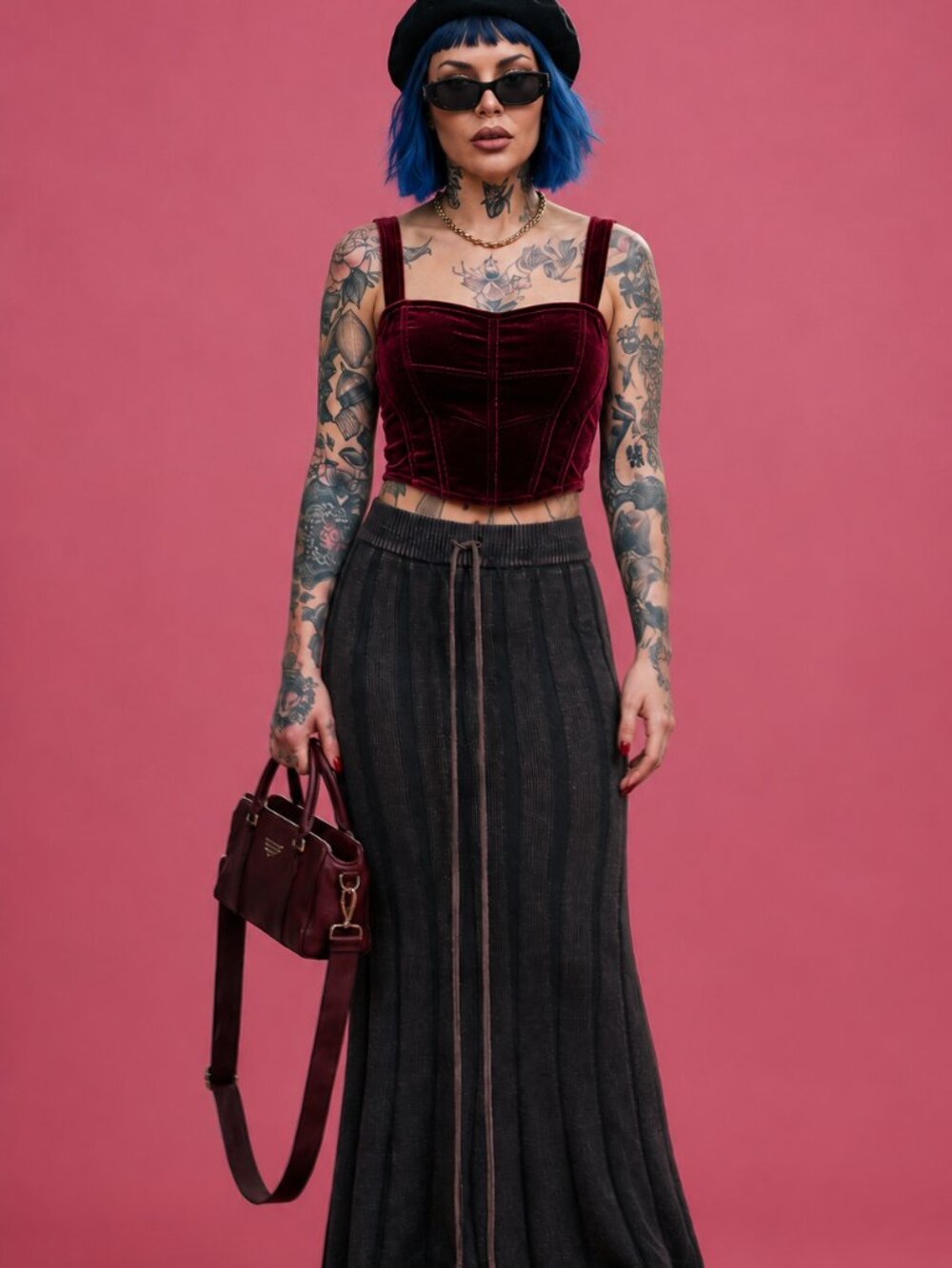 Ribbed Drawstring Washed Maxi Waffle Knit Skirt - Picture 1 of 4